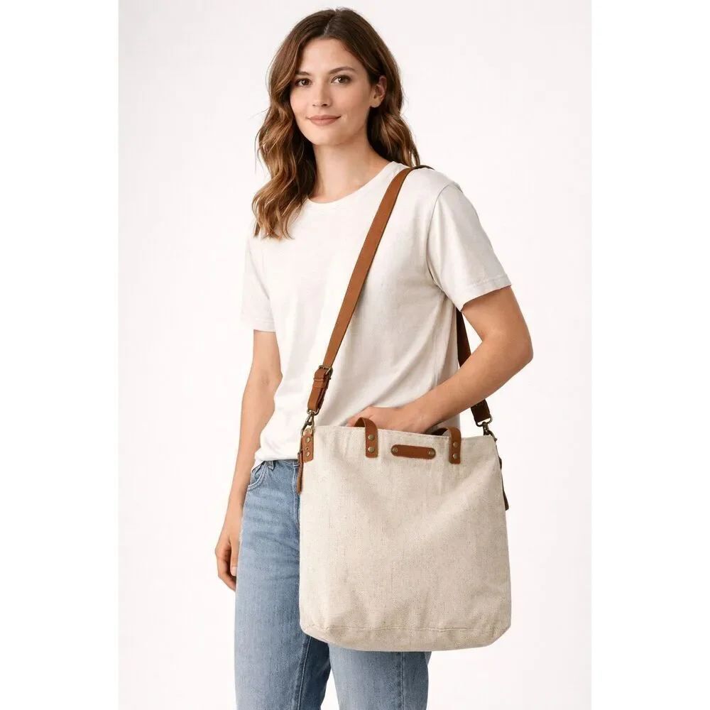 LIVTHAI Canvas Leather Foldover Tote Crossbody Beige - Picture 2 of 14